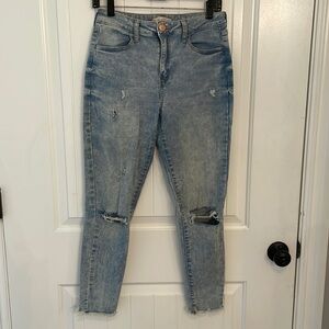 High rise waist ankle jogging acid wash raw hem stretchy skinny leg